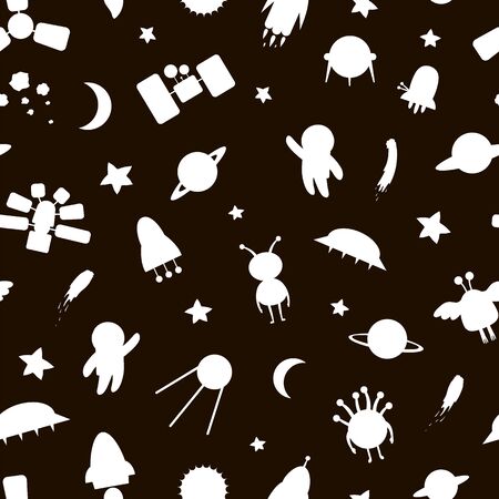 Vector seamless pattern of space white silhouettes. Black and white repeat background with planet, star, spaceship, satellite, moon, sun, asteroid, astronaut, alien, ufo. Line drawing for childrenのイラスト素材