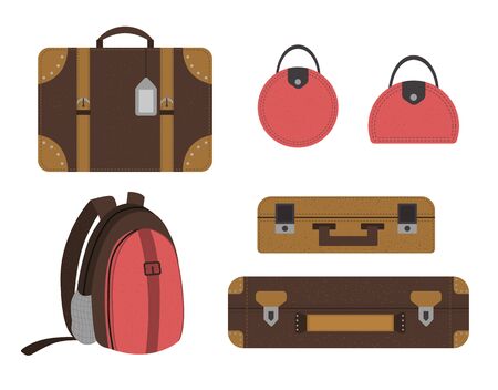Vector flat set of travelerâs suitcases. Luggage icons collection. Travel objects isolated on white background. Vacation infographic element.のイラスト素材