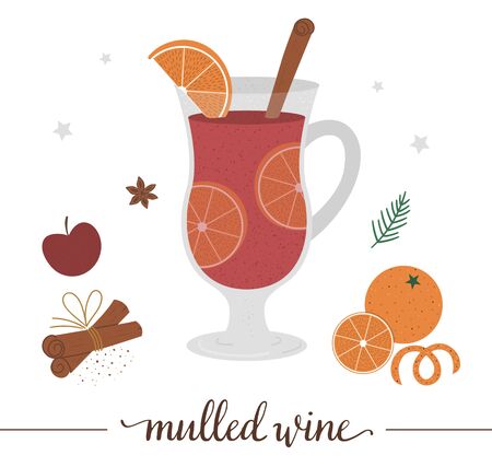 Vector illustration of mulled wine isolated on white background. Winter traditional drink. Holiday hot beverage with orange, apple, cinnamon.のイラスト素材