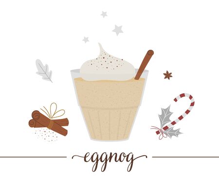 Vector illustration of eggnog isolated on white background. Winter traditional drink. Holiday hot beverage with eggs, sugar, anise, cinnamon.のイラスト素材