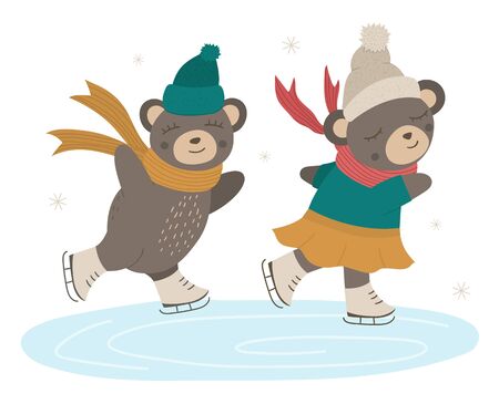 Vector illustration of bears in clothes skating on a rink. Cute woodland animals doing winter activities. Funny forest characters with skates.のイラスト素材