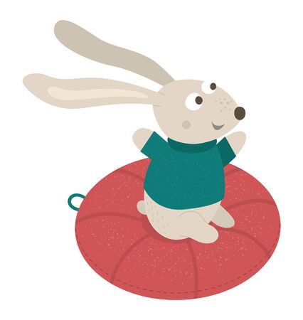 Vector illustration of rabbit in sweater tubing. Cute woodland animal doing winter activities. Funny forest character with tube.のイラスト素材