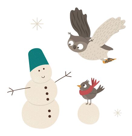 Vector illustration of birds building snowman. Cute woodland animals doing winter activities. Funny forest characters.のイラスト素材