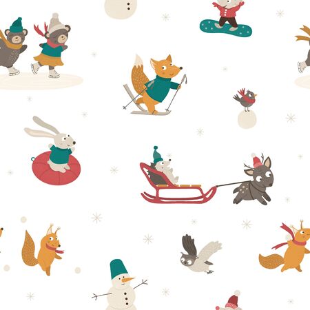Vector seamless pattern with cute woodland animals doing winter activities. Funny forest characters repeating background.のイラスト素材