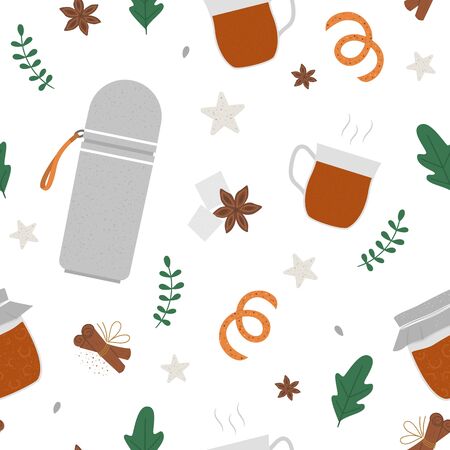Vector tea seamless pattern. Winter traditional warming drink repeating background. Holiday hot beverage with sugar, anise,  bottle, jam jar texture.のイラスト素材