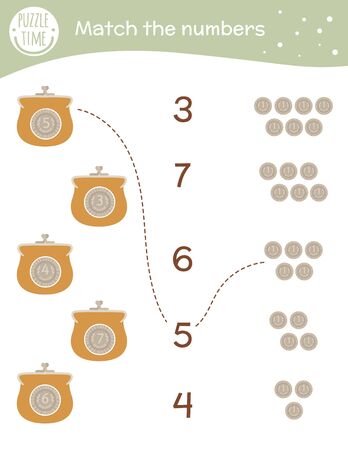 Matching game with coins and purse. Saint Patrickâs Day math activity for preschool children. Money counting worksheet. Educational riddle with cute funny elements.のイラスト素材