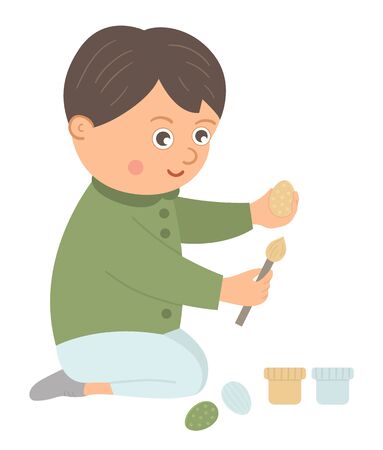 Vector happy boy coloring egg with paint and brush. Easter funny character and design element. Cute spring icon picture.
のイラスト素材