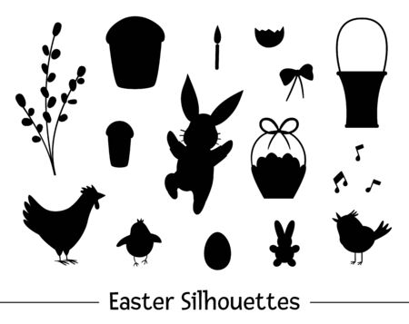 Vector set with Easter silhouettes. Collection of black outlines of cute bunny, egg, chirping bird, chick, basket, cake, willow. Spring funny illustration. 
のイラスト素材