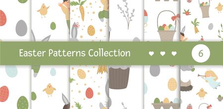 Vectors set of seamless patterns with design elements for Easter. Repeat backgrounds with cute bunny, children, colored eggs, chirping bird, chicks, baskets. Spring funny digital paper pack. 
のイラスト素材