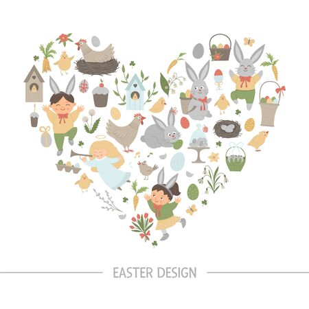 Vector Easter heart shaped frame with bunny, eggs and happy children isolated on white background. Christian holiday themed banner or invitation. Cute funny spring card template.
のイラスト素材