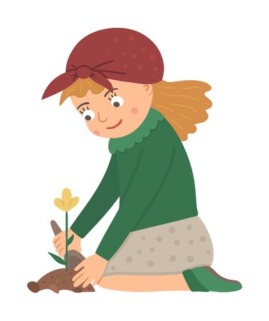 Vector illustration of a girl planting flower with a shovel isolated on white background. Cute kid doing garden work. Spring gardening activity picture with funny character. 
のイラスト素材