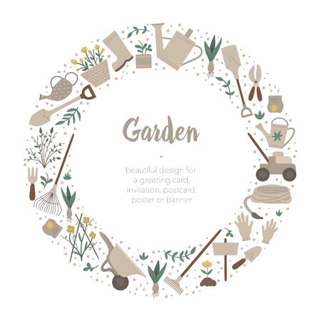 Vector round frame with garden tools, flowers, herbs, plants. Gardening equipment banner or party invitation framed in circle. Cute funny spring wreath card template.
のイラスト素材