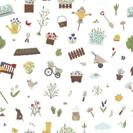 Vector seamless pattern with garden things, tools, flowers, herbs, plants. Repeat background with gardening equipment. Flat spring texture. のイラスト素材