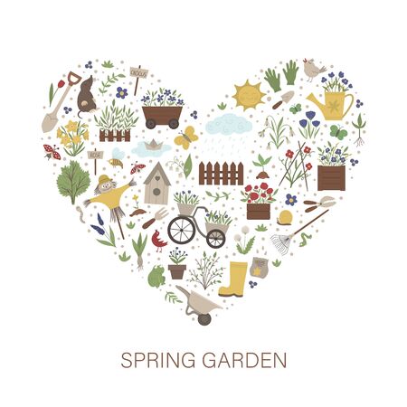 Vector frame with springy garden tools, flowers, herbs, plants. Gardening elements banner or party invitation framed in heart shape. Cute funny spring card template.
のイラスト素材