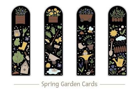 Vector set of garden bookmarks for children. Cute gardening tools, flowers, plants on black background.  Spring vertical layout card templates. Stationery for kids.のイラスト素材