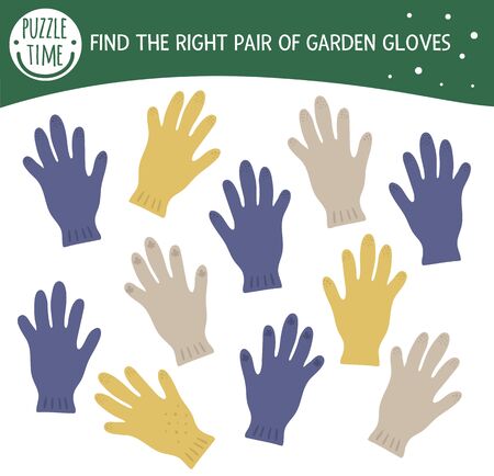 Find two same gloves. Garden or farm themed matching activity for preschool children with cute protective gardening glove. Funny spring game for kids. Logical quiz worksheet.のイラスト素材