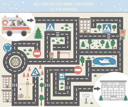 Medical maze for children. Preschool medicine activity. Funny puzzle game with cute emergency car and clinic. Help the ambulance get to the hospital.のイラスト素材