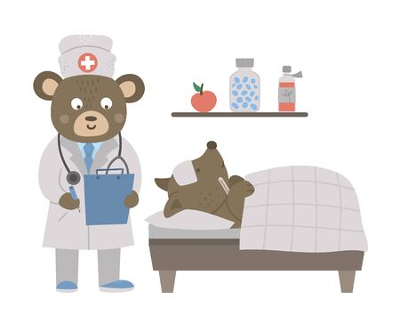 Vector animal doctor treating patient. Bear making notes in anamneses near patient bed. Cute funny characters. Medicine picture for children. Hospital scene isolated on white backgroundのイラスト素材