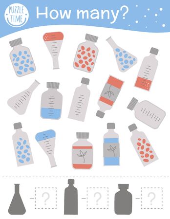 Counting game with medical symbols. Medicine math activity for preschool children. How many objects worksheet. Educational riddle with cute funny pictures.のイラスト素材