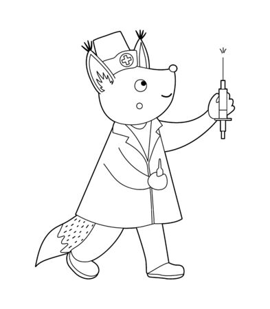 Vector outline animal doctor. Cute funny nurse squirrel with syringe. Medical coloring page for children. Hospital illustration isolated on white background. のイラスト素材