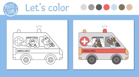 Medical coloring page for children. Vector outline ambulance with cute animals inside. Bear doctor driving emergency car with ill mouse. Funny special medical transport color book for kids.のイラスト素材