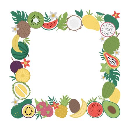 Vector square frame with tropical fruit and berries with slices and halves. Jungle foliage banner design. Cute funny card template with exotic plants.のイラスト素材