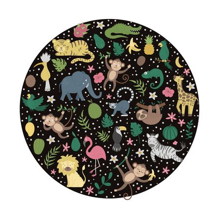 Vector round frame with cute exotic animals, leaves, flowers, fruits on black background. Funny banner design with tropical birds and plants. Jungle summer card templateのイラスト素材