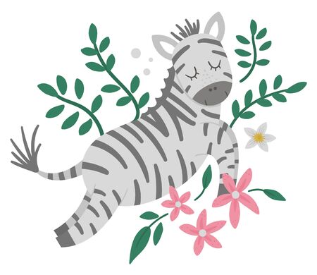 Vector cute composition with zebra, tropical leaves and flowers. Funny exotic African animal illustration. Bright flat picture for children. Jungle summer clip artのイラスト素材