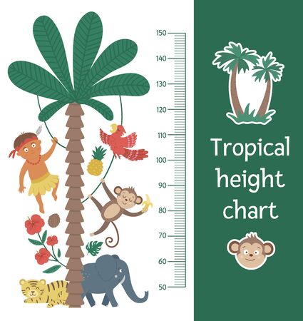 Vector cute height chart with exotic animals, African boy, leaves, flowers, fruits. Funny wall decoration with tropical aboriginal, monkey and plants. Jungle summer meter poster for kidsのイラスト素材