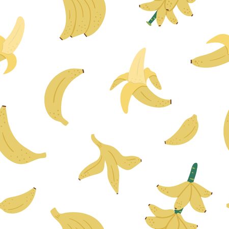 Vector tropical seamless pattern with banana fruit, bunch and twig. Jungle foliage digital paper. Hand drawn flat exotic background. Bright childish healthy summer food texture.のイラスト素材