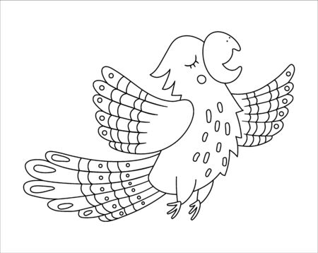 Vector cute parrot outline. Funny tropical exotic bird black and white illustration. Fun coloring page for children. Jungle summer clip artのイラスト素材