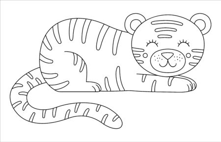 Vector cute tiger outline. Funny tropical exotic animal black and white illustration. Fun coloring page for children. Jungle summer clip artのイラスト素材