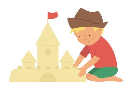 Vector kid constructing sand castle. Child doing beach activity. Cute boy isolated on white background. Fun summer illustration
のイラスト素材