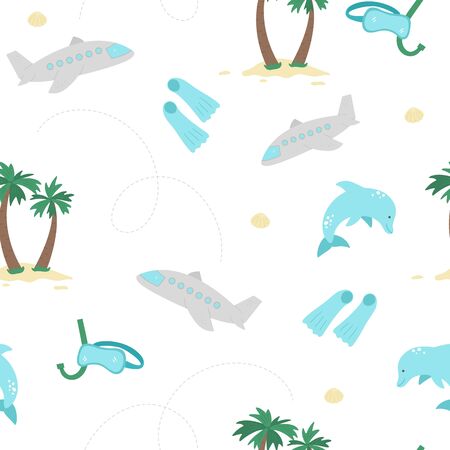 Vector seamless pattern with summer elements. Cute flat background for kids with palm tree, plane, pineapple, dolphin. Vacation beach texture. Flying to the island for diving concept.
のイラスト素材