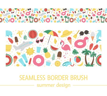 Vector seamless border with summer elements. Cute flat background for kids with palm tree, plane, sunglasses, funny inflatable rings. Vacation beach pattern brush
のイラスト素材