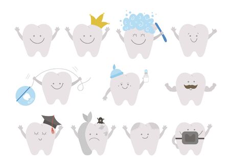 Set of cute kawaii teeth. Vector collection of tooth icons for children design. Funny dental care picture for kids. Dentist baby clinic clipart with mouth hygiene concept on white background.
のイラスト素材