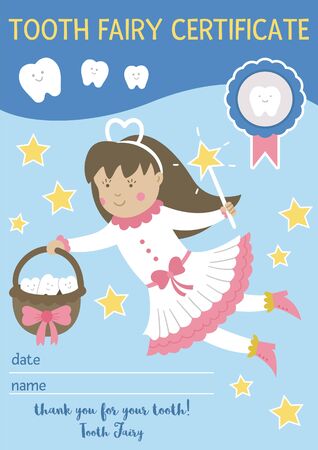 Tooth fairy certificate for teeth lost. Cute vector document for kids. Funny card template with kawaii fantasy princess. Dental care picture for children. Dentist baby clinic clipart
のイラスト素材
