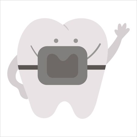 Cute kawaii tooth with braces. Vector teeth icon for children design. Funny dental care picture for kids. Dentist baby clinic clipart with mouth hygiene concept on white background.のイラスト素材