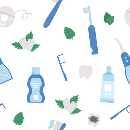 Tooth care tools vector seamless pattern. Repeat background with elements for cleaning teeth. Dentistry equipment texture. Toothpaste, brush, floss illustration. Dentist icons digital paper
のイラスト素材