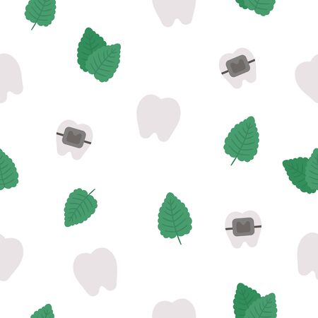 Seamless pattern with tooth, braces, mint leaves. Vector teeth background. Funny dental care digital paper. Dentist clinic texture with mouth hygiene concept.
のイラスト素材