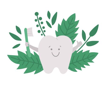 Cute kawaii tooth with toothbrush and thumb up. Vector teeth composition for children design. Funny dental care picture for kids. Dentist mouth hygiene concept on background with green leaves and twigs.
のイラスト素材