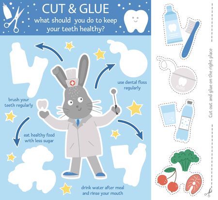 Vector dental care cut and glue activity for children. Tooth hygiene educational game with cute rabbit dentist and healthy teeth habits. 
のイラスト素材