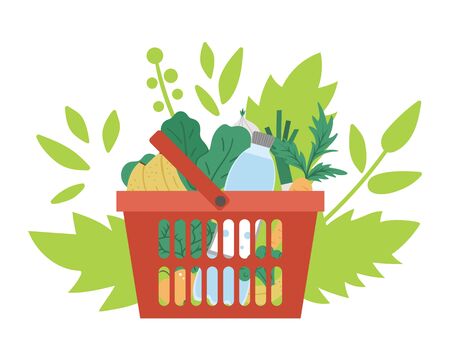 Vector red shopping basket with products icon isolated on background with green leaves. Plastic shop cart with vegetables, fruit, water. Healthy food illustration. Organic natural concept
のイラスト素材