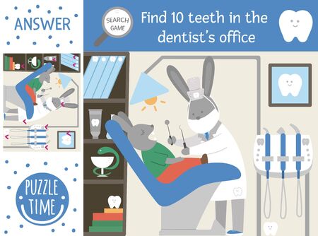 Vector dental care searching game for children with teeth lost in the clinic. Cute funny scene with dentist treating the patient. Find hidden objects. Mouth hygiene printable activity for kids.
のイラスト素材