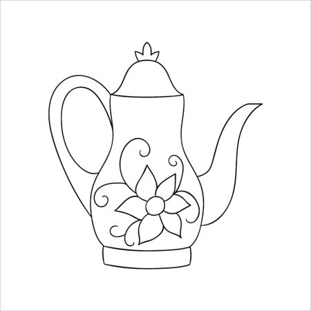 Teapot line icon. Black and white teapot vector illustration. Linear art kettle isolated on white background. Doodle style kitchen equipmentのイラスト素材