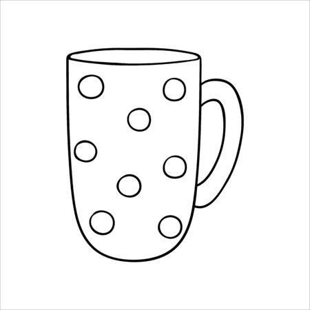Coffee mug line icon. Black and whitetea cup vector illustration. Linear art polka dot crockery isolated on white background. Doodle style kitchen crockeryのイラスト素材