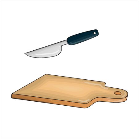 Vector colored chopping board and knife. Kitchen tool icon isolated on white background. Cartoon style cooking equipment. Dinnerware vector illustrationのイラスト素材