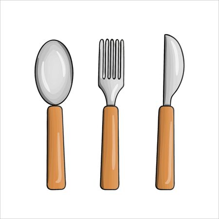 Vector colored dinnerware set. Kitchen tool icons isolated on white background. Cartoon style cooking equipment. Spoon, knife, fork vector illustrationのイラスト素材
