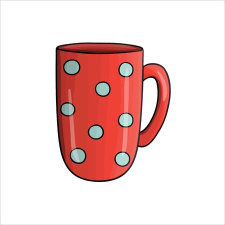 Coffee mug cartoon icon. Colored tea cup vector illustration. Linear art red polka dot crockery isolated on white background. Doodle style kitchen crockeryのイラスト素材