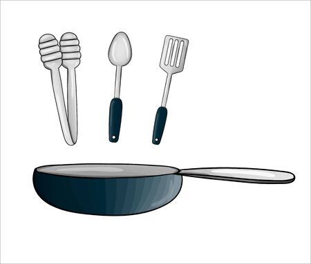 Vector frying pan, tongs, spatula, spoon. Kitchen tool icon isolated on white background. Cartoon style cooking equipment for fry. Crockery vector illustrationのイラスト素材